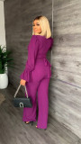 Solid Color V-Neck Flared Sleeve Trousers Two-Piece Set