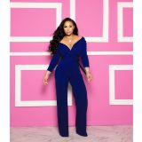 Fashion Long Sleeve Solid Color V-Neck Tight Jumpsuit