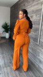 Solid Color V-Neck Flared Sleeve Trousers Two-Piece Set