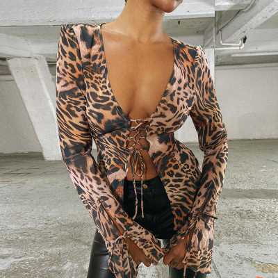 Fashion Long Sleeve Lace Up Cardigan Slim Print Leopard T-Shirt