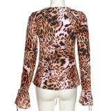 Fashion Long Sleeve Lace Up Cardigan Slim Print Leopard T-Shirt