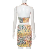 Casual Leopard-print Halterneck Open-back Pleated Dress