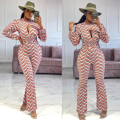 Sexy Cutout Smocked Print Flared Jumpsuit