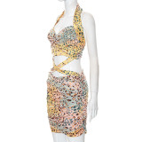 Casual Leopard-print Halterneck Open-back Pleated Dress