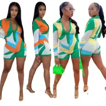 Colorblock Graffiti Slim Fit V-Neck Knit Jumpsuit