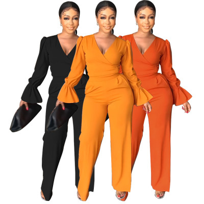 V-neck Fashion Bell-sleeved High-waisted Wide-leg Pants Casual Two-piece Set