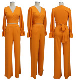 V-neck Fashion Bell-sleeved High-waisted Wide-leg Pants Casual Two-piece Set