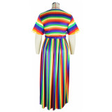 Rainbow Stripe Print Plus Size Fashion V-Neck Two Piece