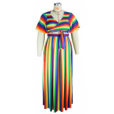 Rainbow Stripe Print Plus Size Fashion V-Neck Two Piece