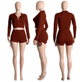 Fashion Double Zip Long Sleeve Shorts Pleated Casual Suit