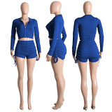 Fashion Double Zip Long Sleeve Shorts Pleated Casual Suit