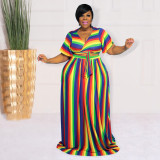 Rainbow Stripe Print Plus Size Fashion V-Neck Two Piece