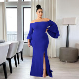 Solid Color Sexy Slit Tube Top One Shoulder Flare Sleeve Dress