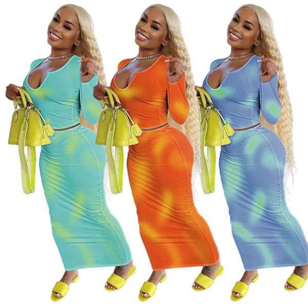 Sexy U Neck Long Sleeve Tie Dye Skirt Two Piece Set