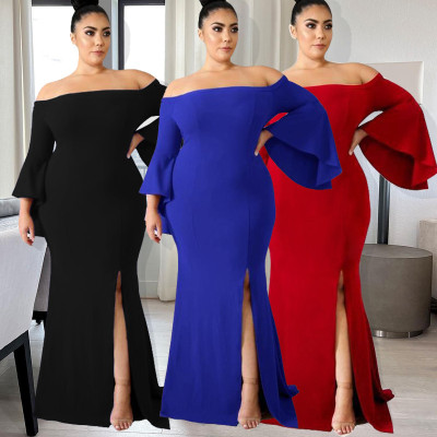 Solid Color Sexy Slit Tube Top One Shoulder Flare Sleeve Dress