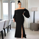 Solid Color Sexy Slit Tube Top One Shoulder Flare Sleeve Dress