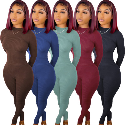 Solid Color Pit Strip Thread Long Sleeve Two Piece Set