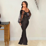 Sexy Off-the-shoulder Mesh Gauze Puff Sleeve Suit