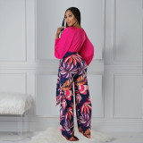Fashionable And Comfortable Solid Color Top Printed Trousers Two-piece Set