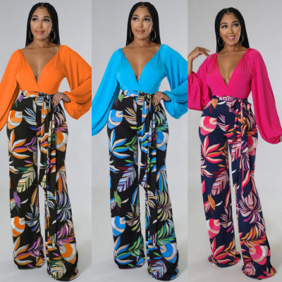 Fashionable And Comfortable Solid Color Top Printed Trousers Two-piece Set
