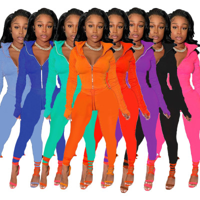Solid Color Zipper Leisure Sports Two-piece Set