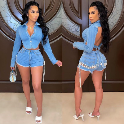 Open Back Eyelet Denim Shorts Two-Piece Set