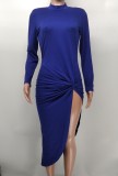 Fashion Long Sleeve Solid Color Slit Sexy Slim Dress