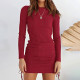Solid Knit Gathered Slim Fit Long Sleeve Dress