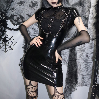 New Dark Sexy Flocking Studded Rivet Dress