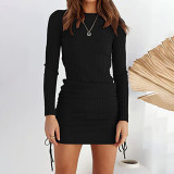 Solid Knit Gathered Slim Fit Long Sleeve Dress