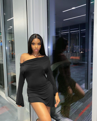 Sexy One Word Collar Slit Irregular Hem Flared Sleeve Dress