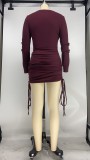 Solid Color Round Neck Long Sleeve Fashion Bag Hip Dress