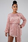 Sequined Long Sleeve Casual Sheer Dress