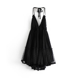 Sexy Deep V Backless Lace Stitching Halter Dress