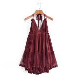 Sexy Deep V Backless Lace Stitching Halter Dress