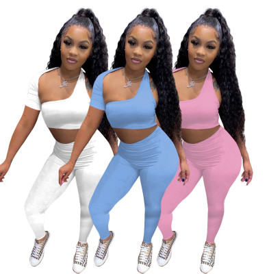 Solid Color Irregular Backless Short-sleeved Casual Trousers Two-piece Set