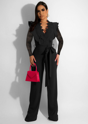 Sexy Business Slim V-Neck Lace Sheer Jumpsuit