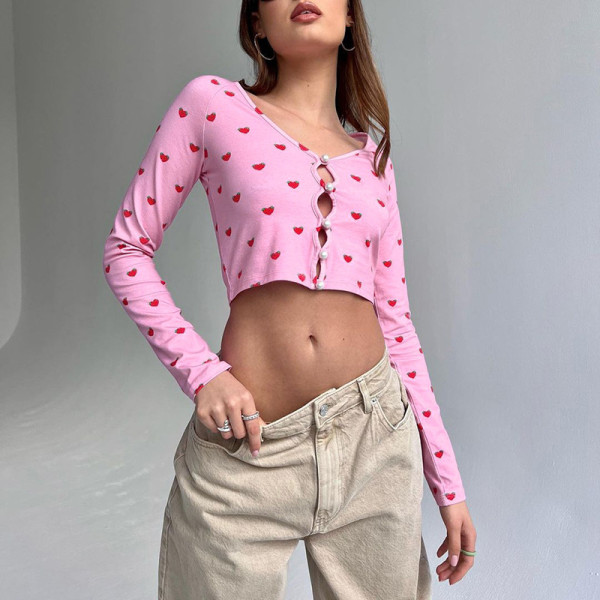 Autumn Sexy Cropped Navel Strawberry Print Cutout Top