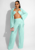 Fashion Solid Color Bikini Cardigan Wide Leg Trousers Three-piece Set