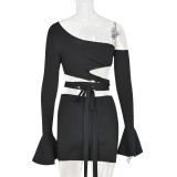 One-shoulder Flared Long-sleeved Navel Cutout tie Sexy Two-piece Suit