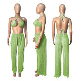 Fashion Solid Color Bikini Cardigan Wide Leg Trousers Three-piece Set