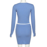 Long Sleeve Square Neck T-Shirt Fashion Skirt Casual Suit