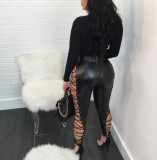 Sexy Leather Eyelet Tie High Waist Leather Pants