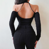 Solid Color Sexy V-Neck Cutout Off-Shoulder Slim Bodysuit