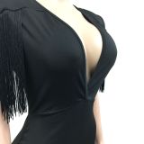 Solid V-Neck Fringed Sleeveless Long Dress