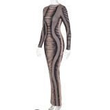 2022 Fall New Fashion Printed Round Neck Long Sleeve Slim Fit Slit Dress
