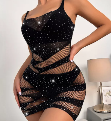 Sexy Hot Diamond Striped Fishnet Tight Net Dress