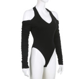 Solid Color Sexy V-Neck Cutout Off-Shoulder Slim Bodysuit