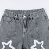 Street Pentagram Print Washed Straight Jeans