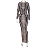 2022 Fall New Fashion Printed Round Neck Long Sleeve Slim Fit Slit Dress